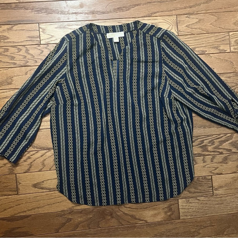 Michael Kors Navy and Gold Chain Print Blouse